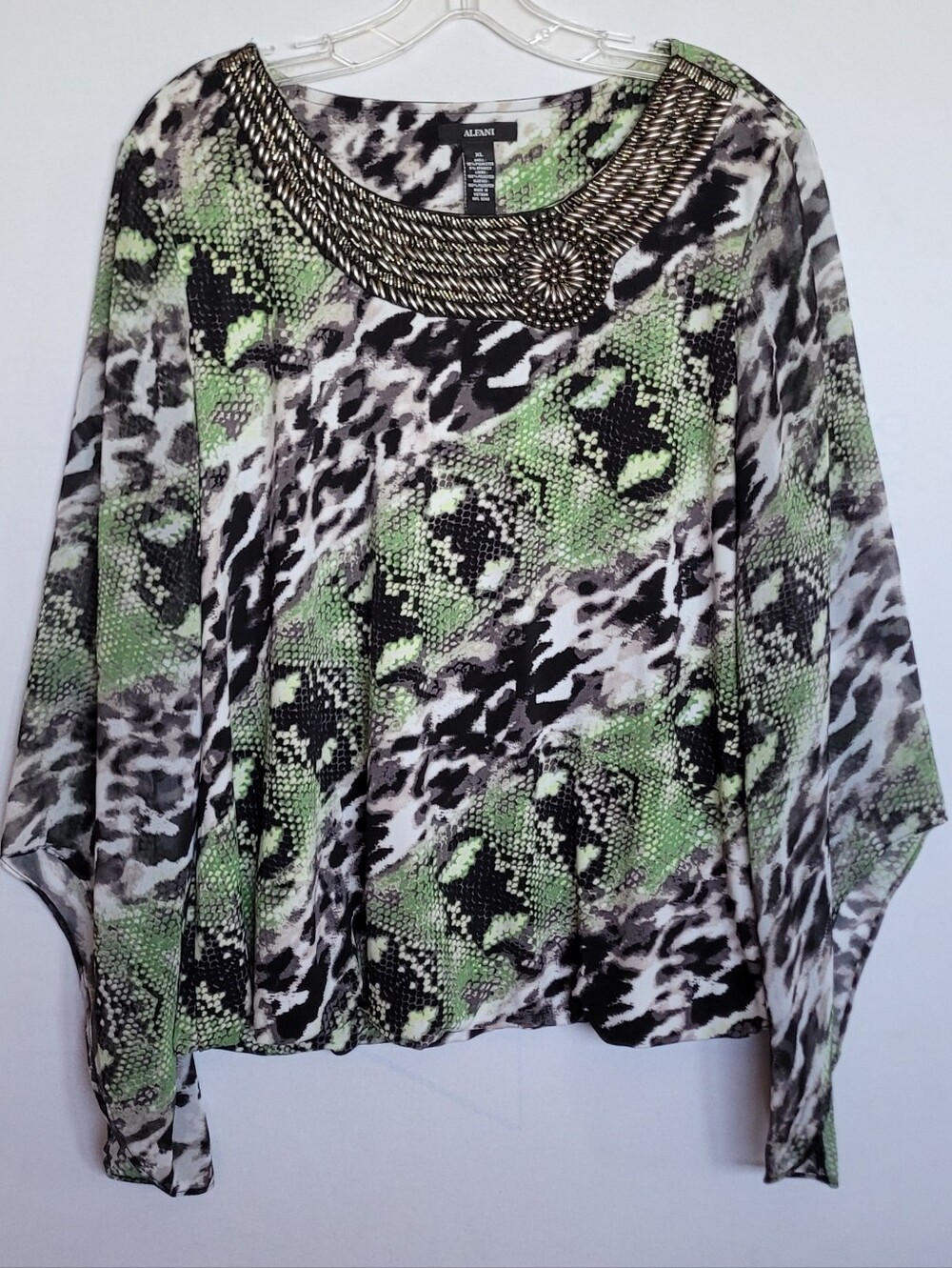 Alfani XL Beaded Animal Print Blouson Blouse Green Black Cape Sleeve